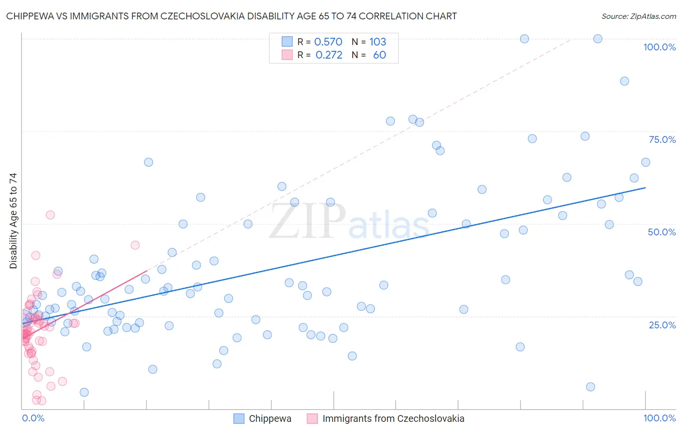 Chippewa vs Immigrants from Czechoslovakia Disability Age 65 to 74