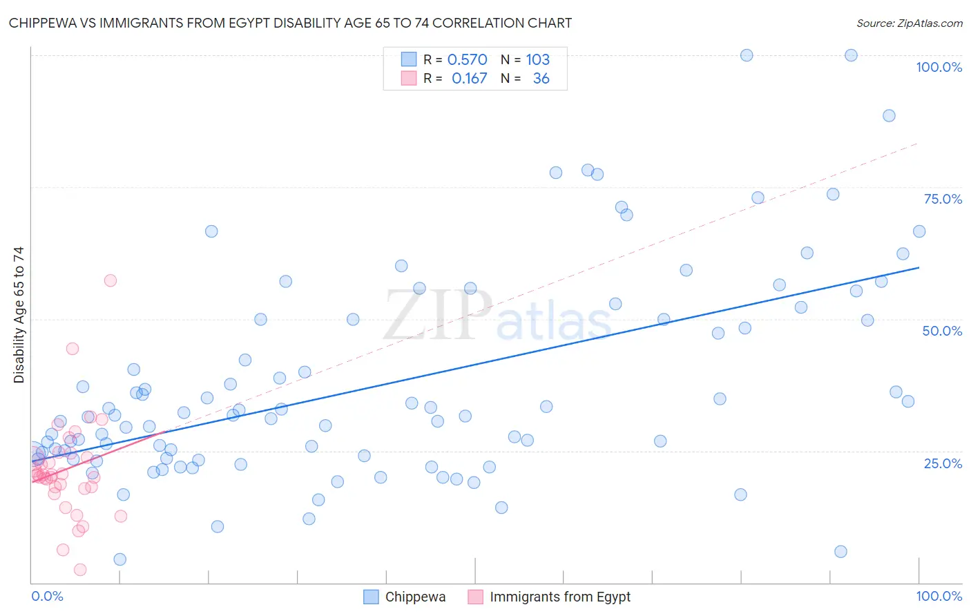 Chippewa vs Immigrants from Egypt Disability Age 65 to 74