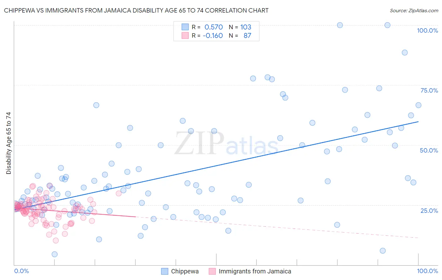 Chippewa vs Immigrants from Jamaica Disability Age 65 to 74