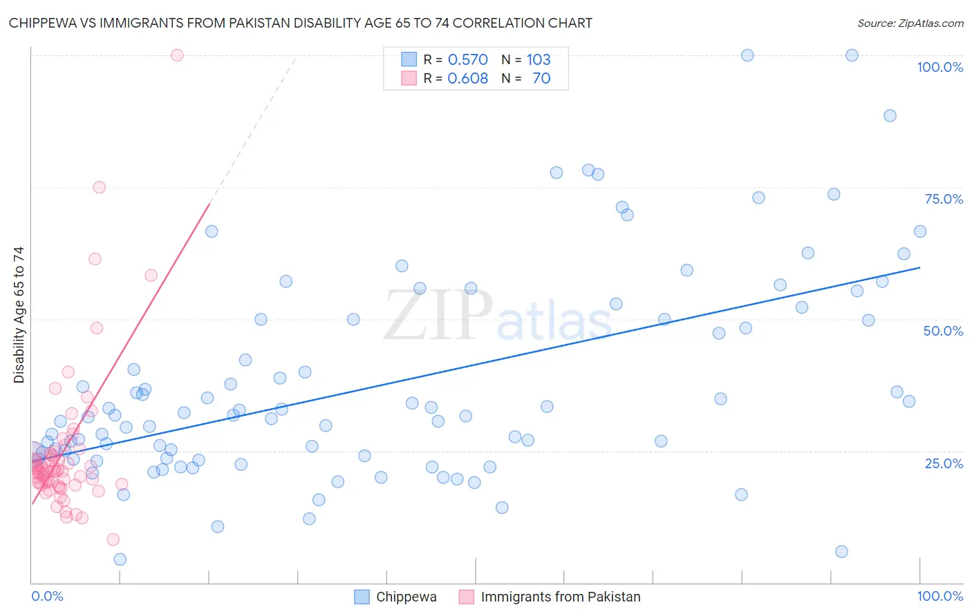 Chippewa vs Immigrants from Pakistan Disability Age 65 to 74