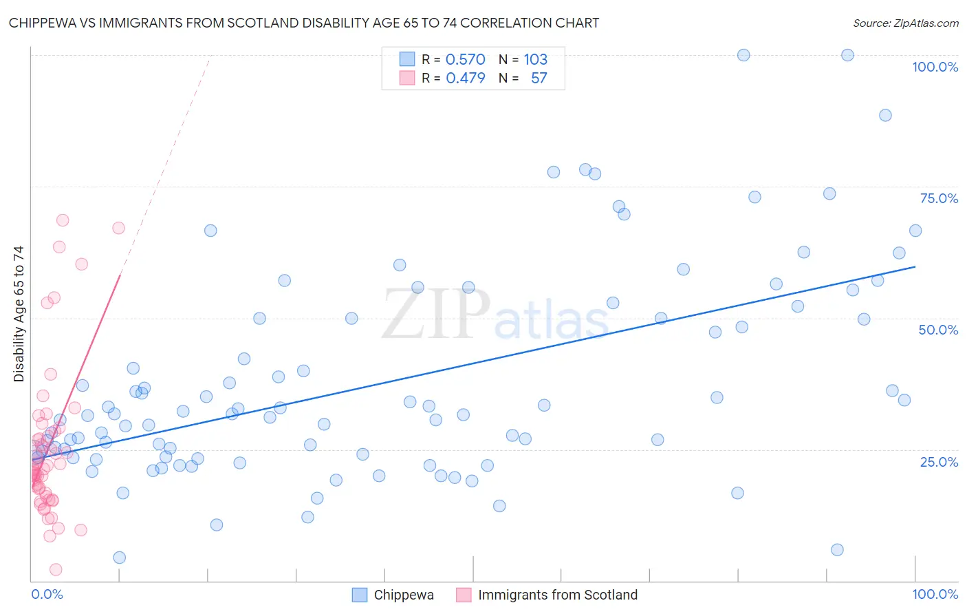 Chippewa vs Immigrants from Scotland Disability Age 65 to 74