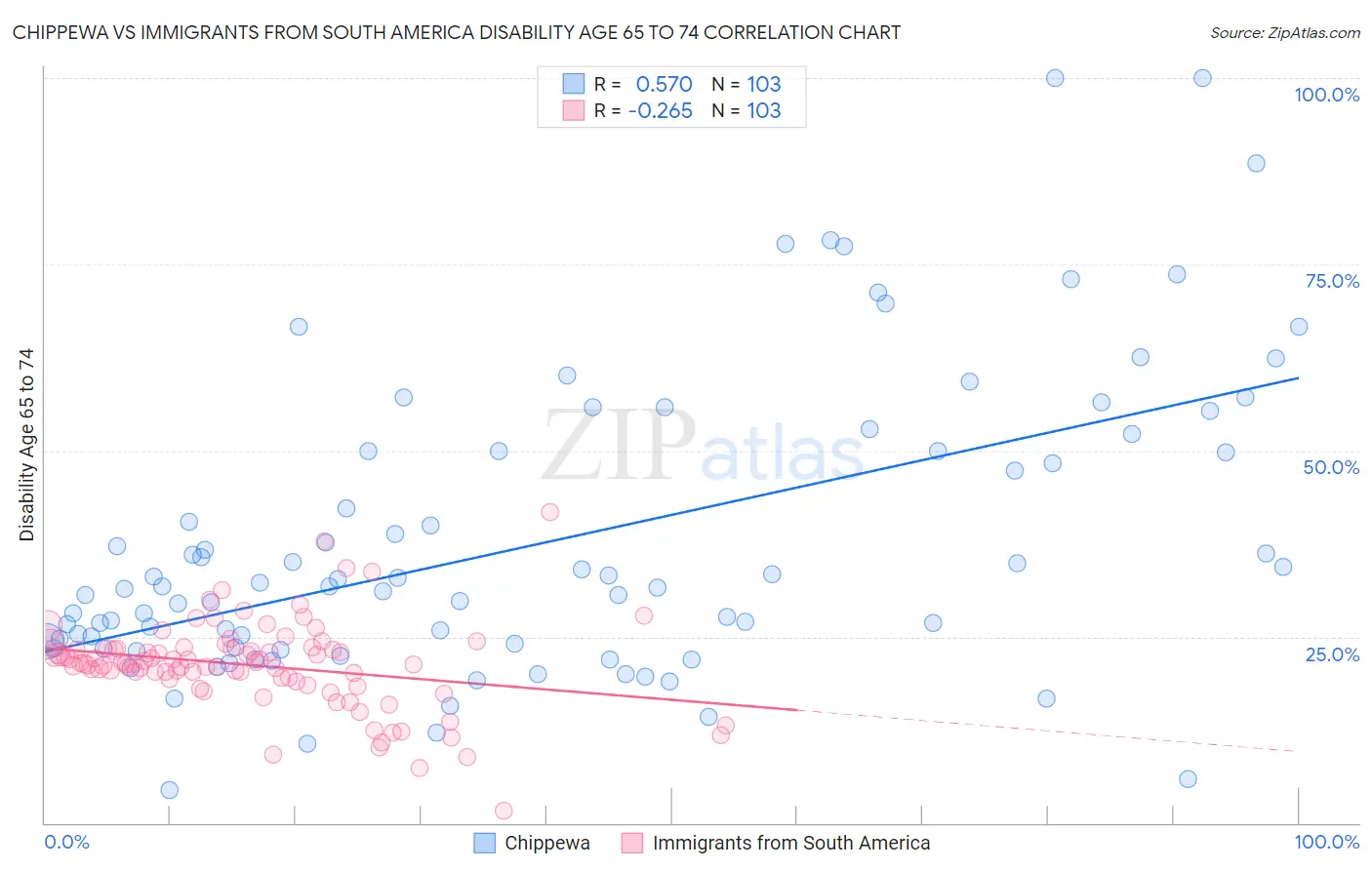 Chippewa vs Immigrants from South America Disability Age 65 to 74