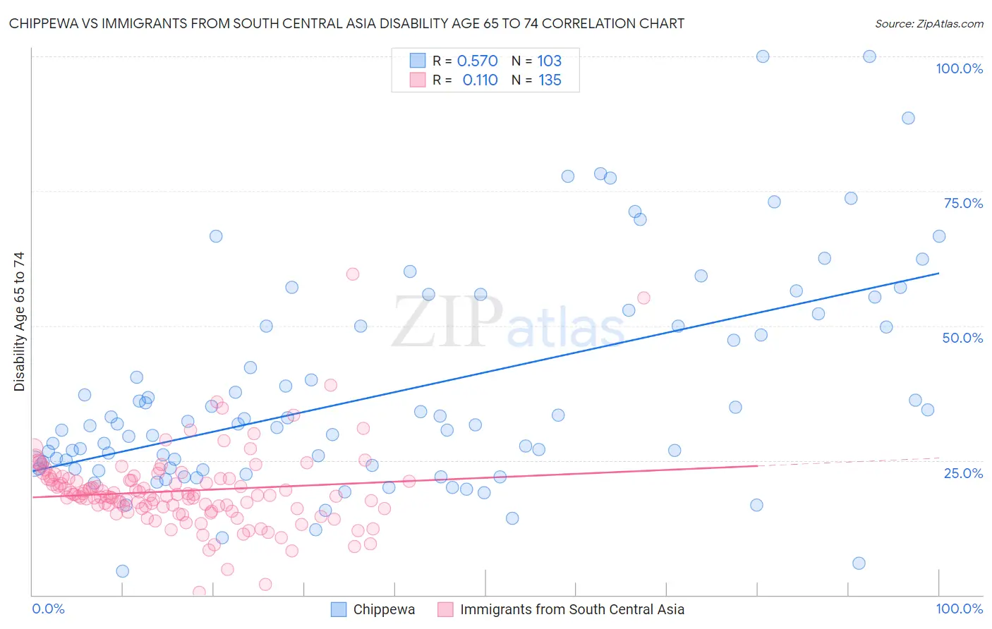 Chippewa vs Immigrants from South Central Asia Disability Age 65 to 74