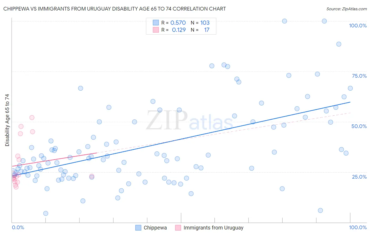 Chippewa vs Immigrants from Uruguay Disability Age 65 to 74