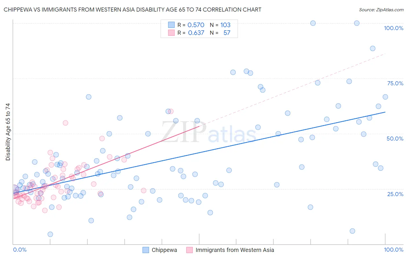 Chippewa vs Immigrants from Western Asia Disability Age 65 to 74