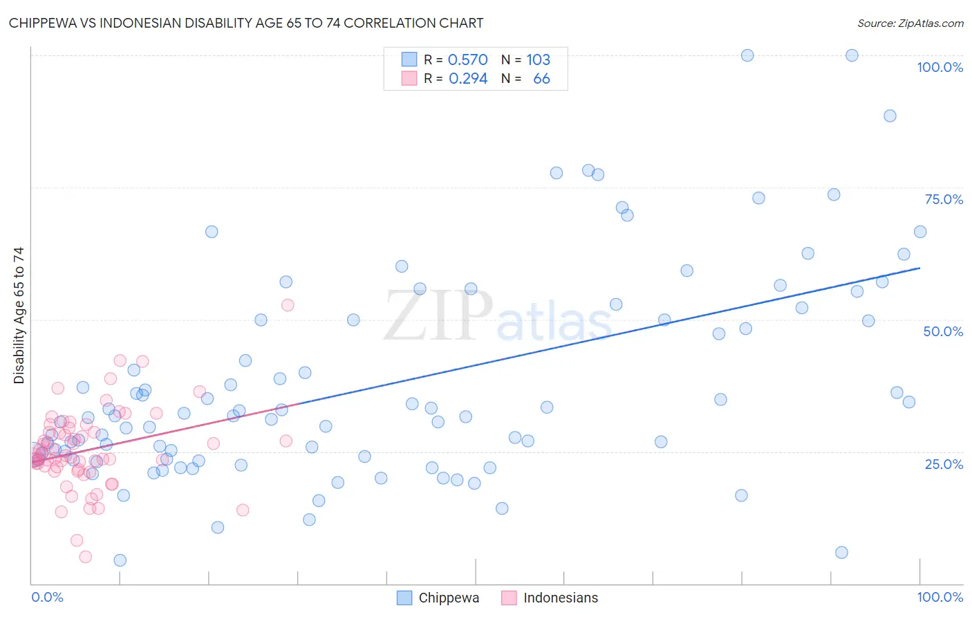 Chippewa vs Indonesian Disability Age 65 to 74