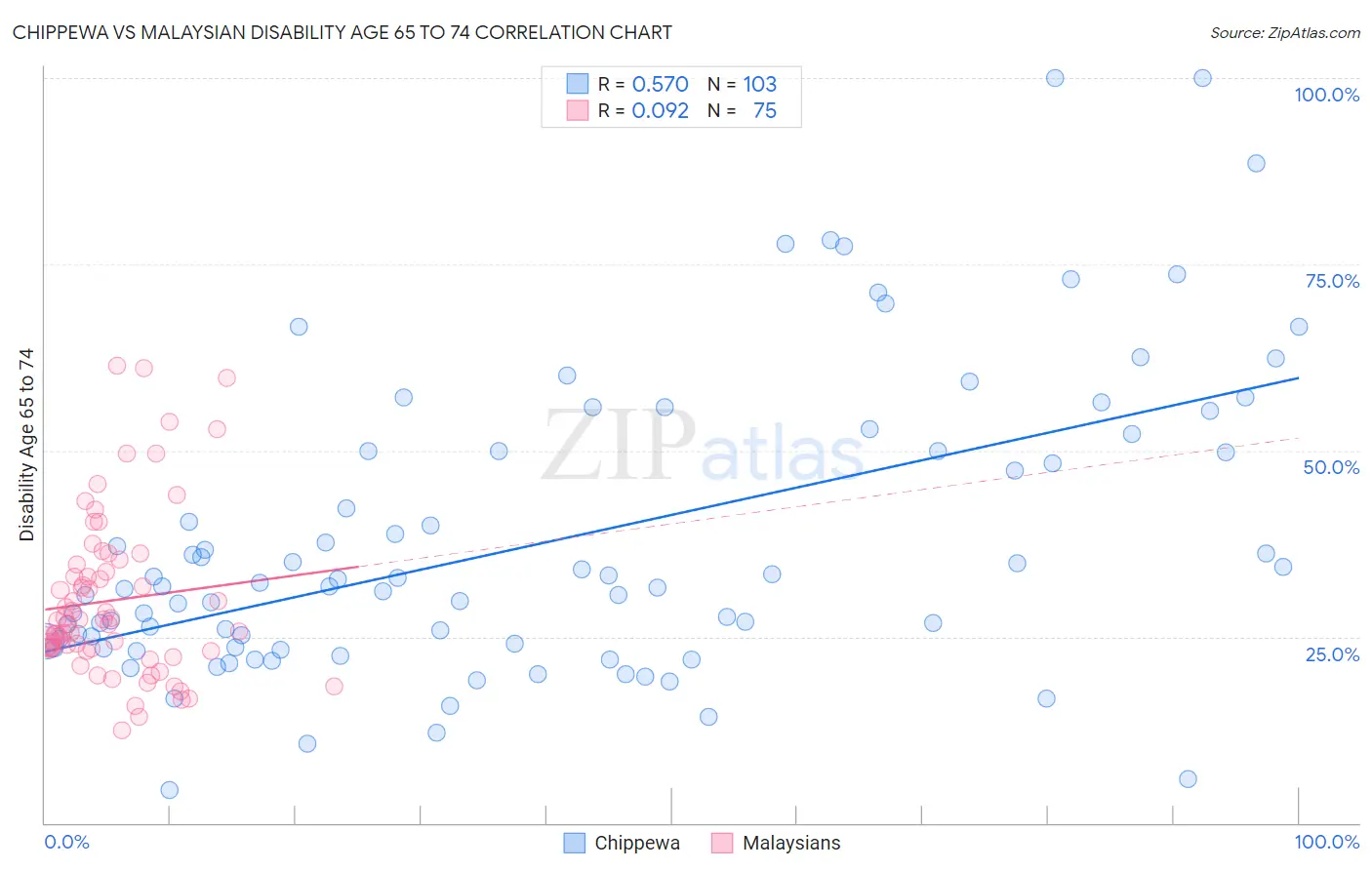 Chippewa vs Malaysian Disability Age 65 to 74