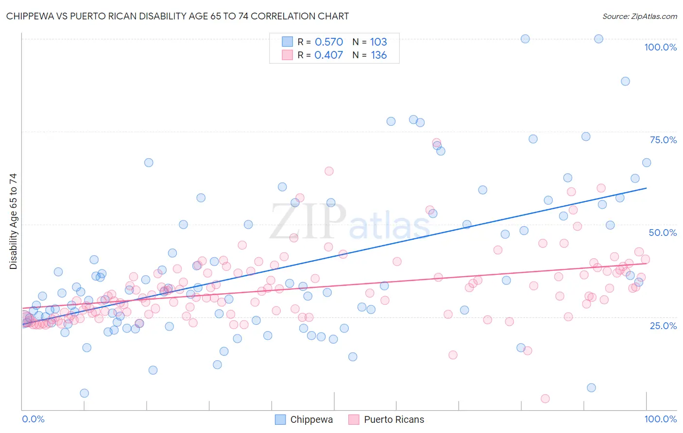 Chippewa vs Puerto Rican Disability Age 65 to 74