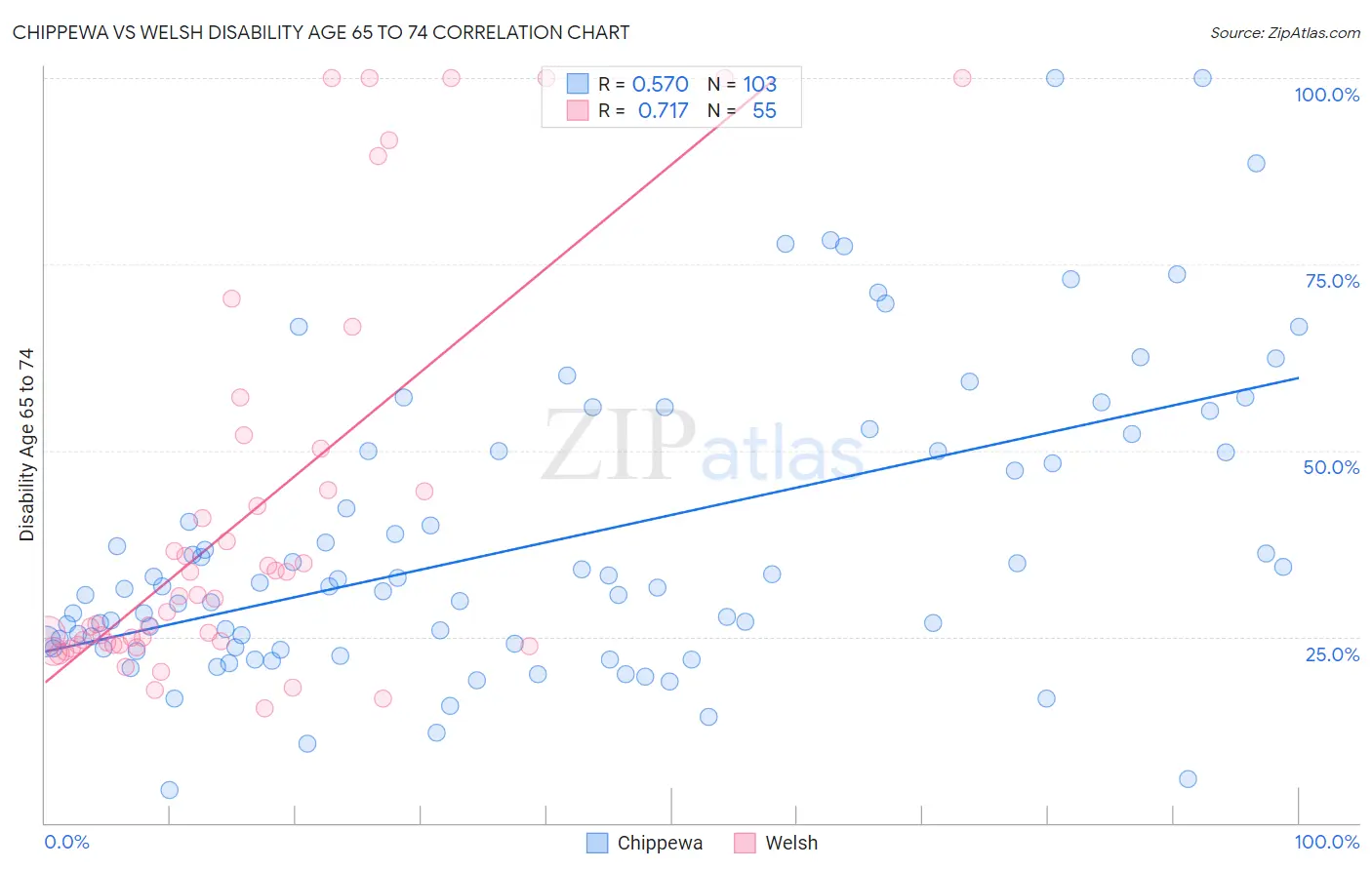 Chippewa vs Welsh Disability Age 65 to 74