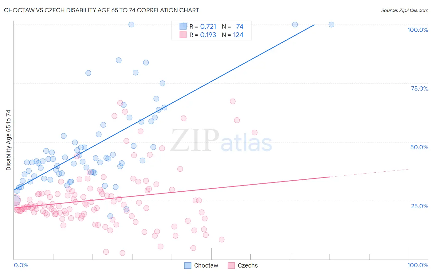 Choctaw vs Czech Disability Age 65 to 74