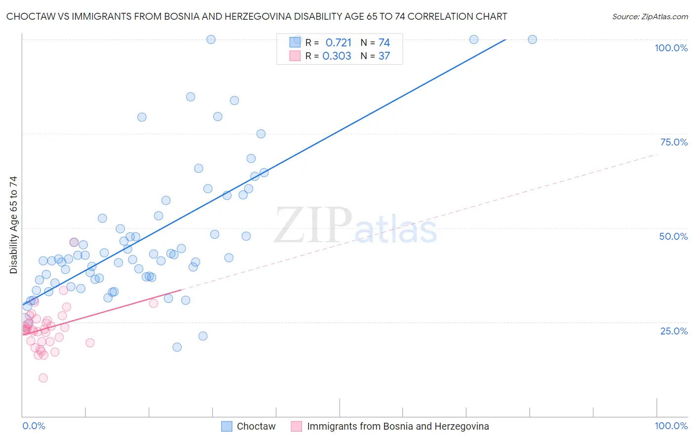Choctaw vs Immigrants from Bosnia and Herzegovina Disability Age 65 to 74