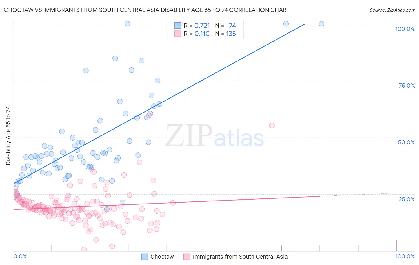 Choctaw vs Immigrants from South Central Asia Disability Age 65 to 74
