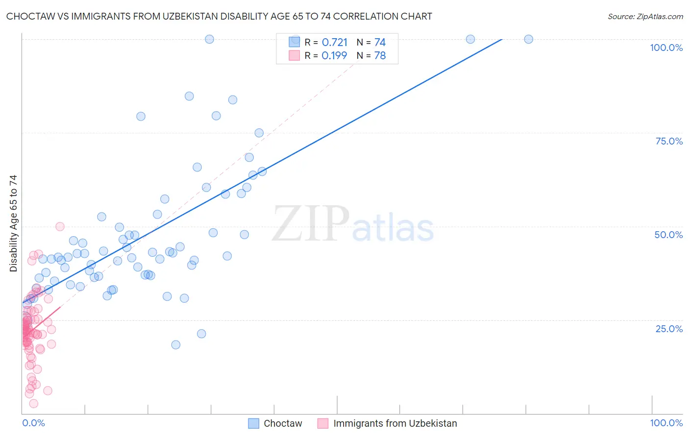 Choctaw vs Immigrants from Uzbekistan Disability Age 65 to 74