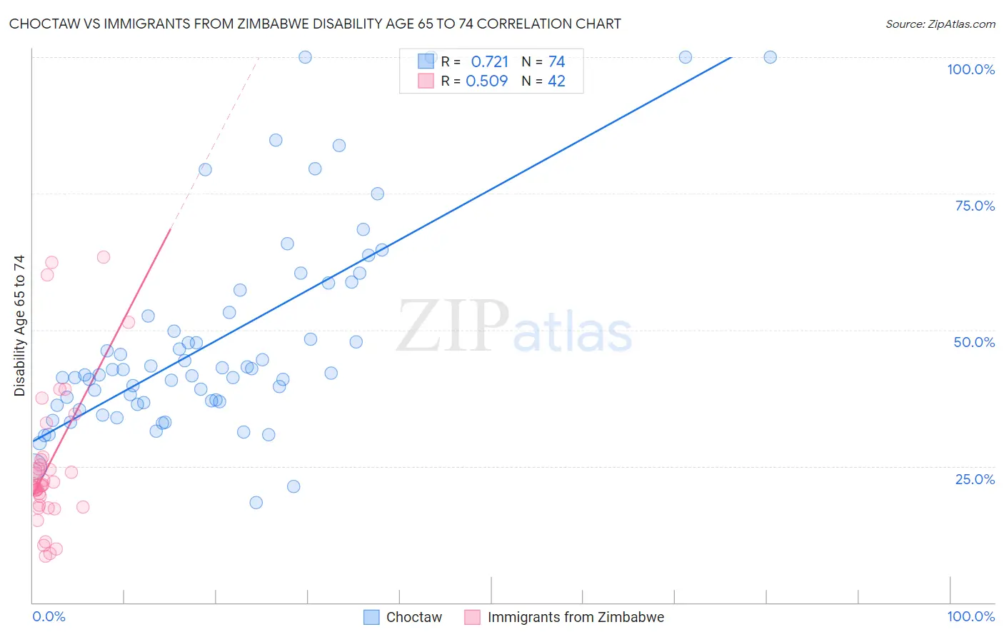 Choctaw vs Immigrants from Zimbabwe Disability Age 65 to 74