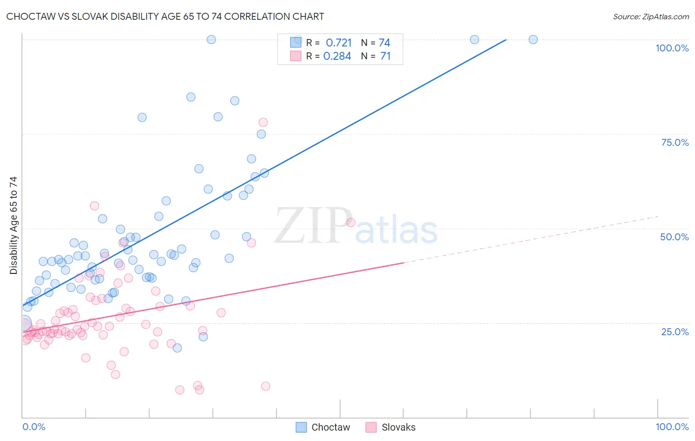Choctaw vs Slovak Disability Age 65 to 74