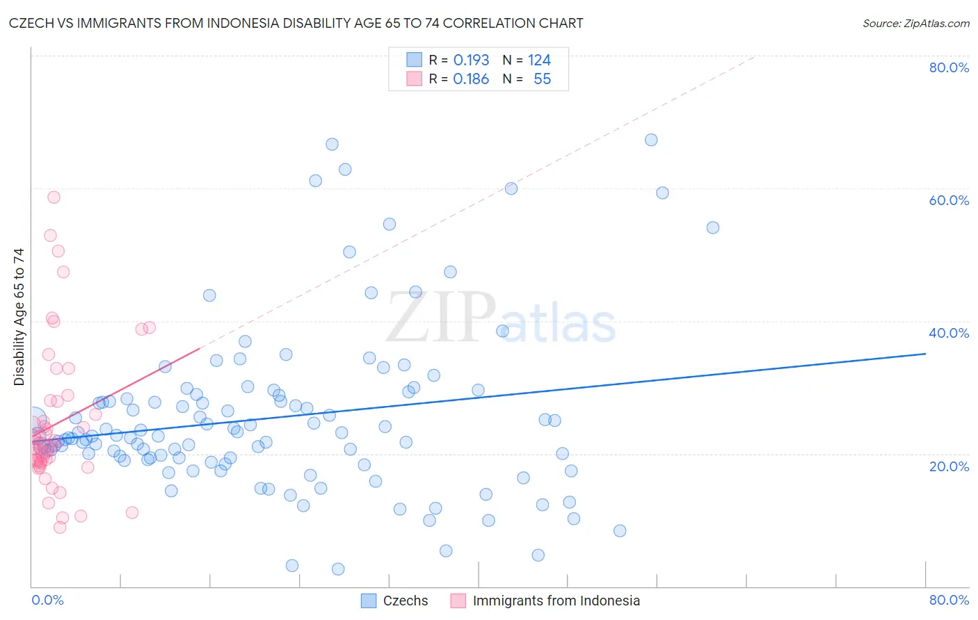 Czech vs Immigrants from Indonesia Disability Age 65 to 74