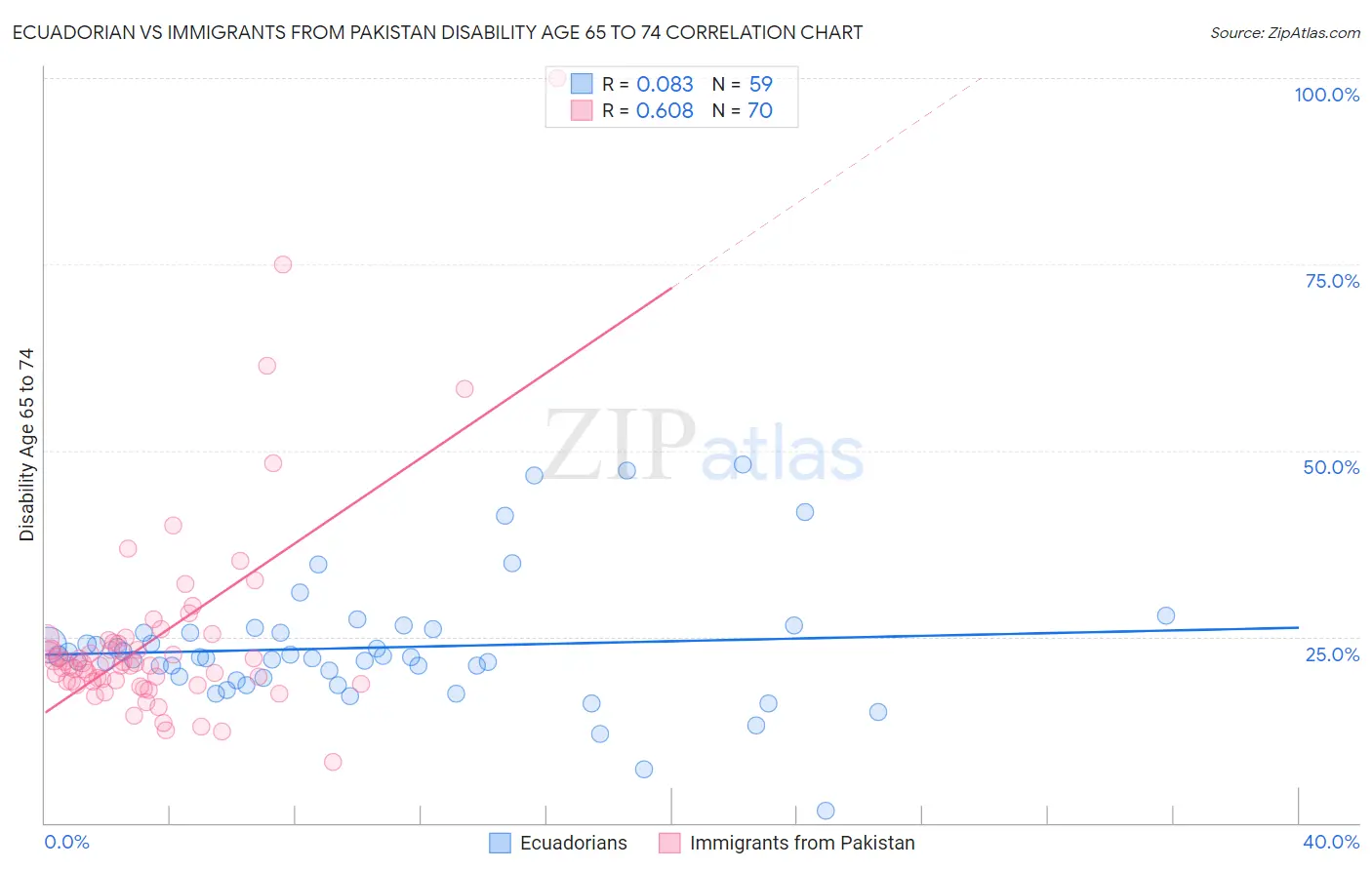 Ecuadorian vs Immigrants from Pakistan Disability Age 65 to 74