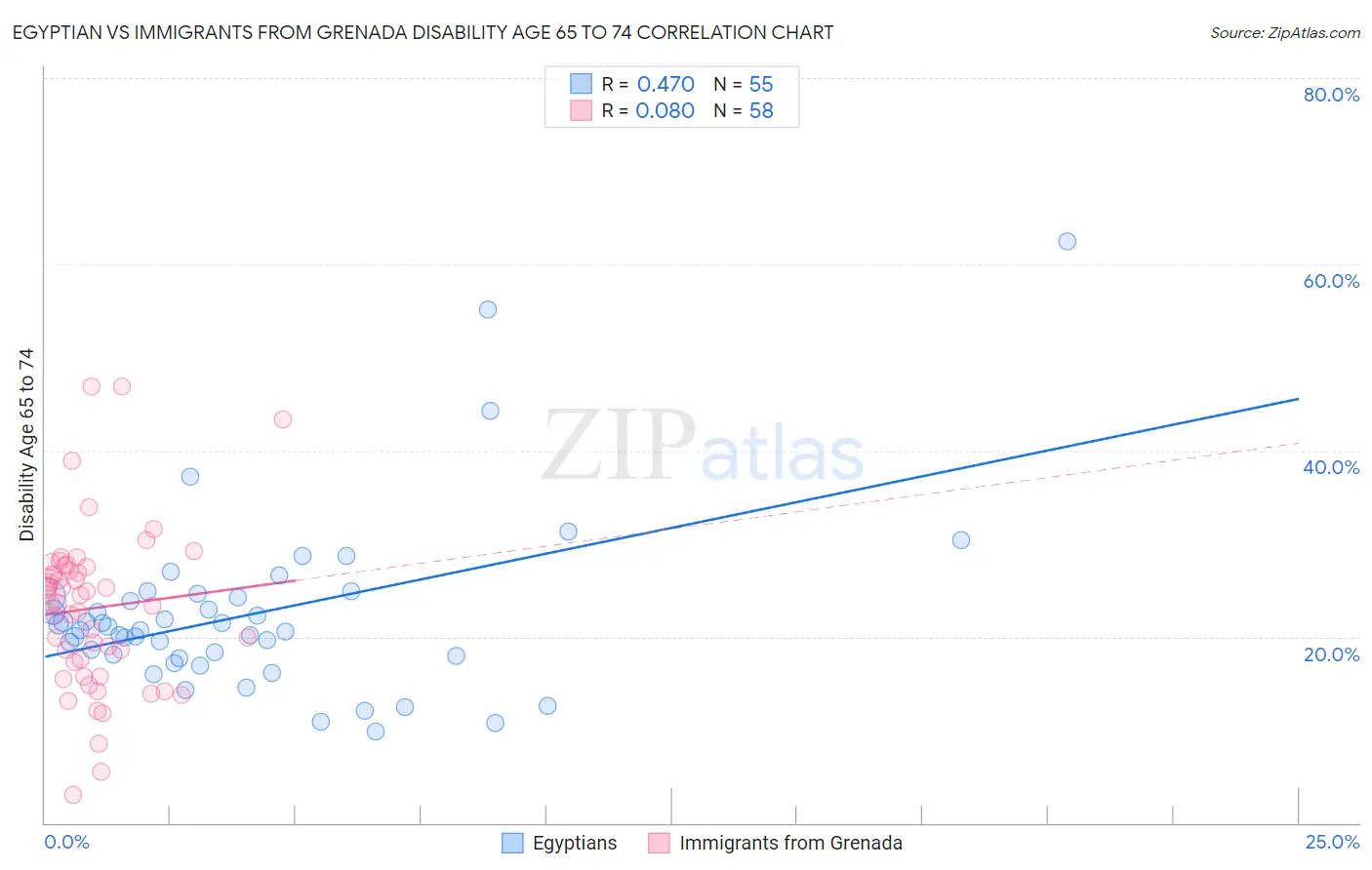 Egyptian vs Immigrants from Grenada Disability Age 65 to 74