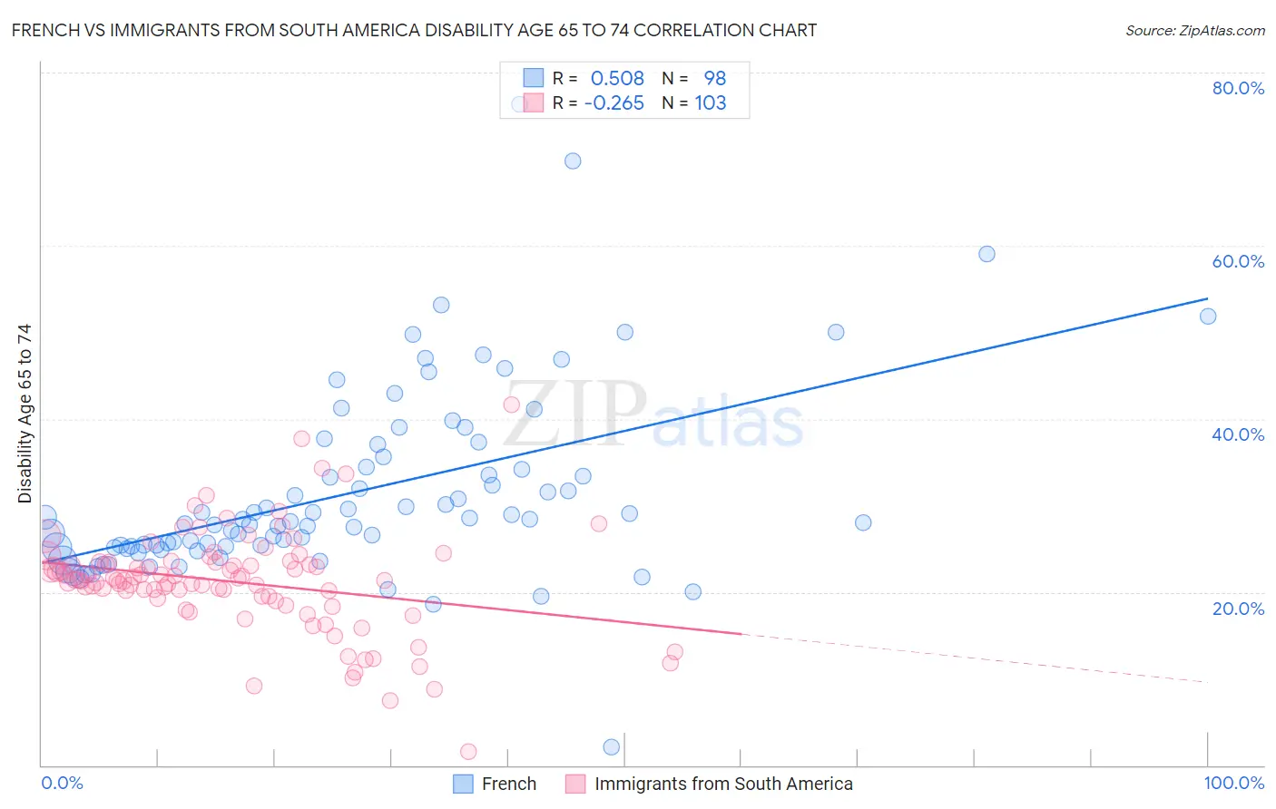 French vs Immigrants from South America Disability Age 65 to 74