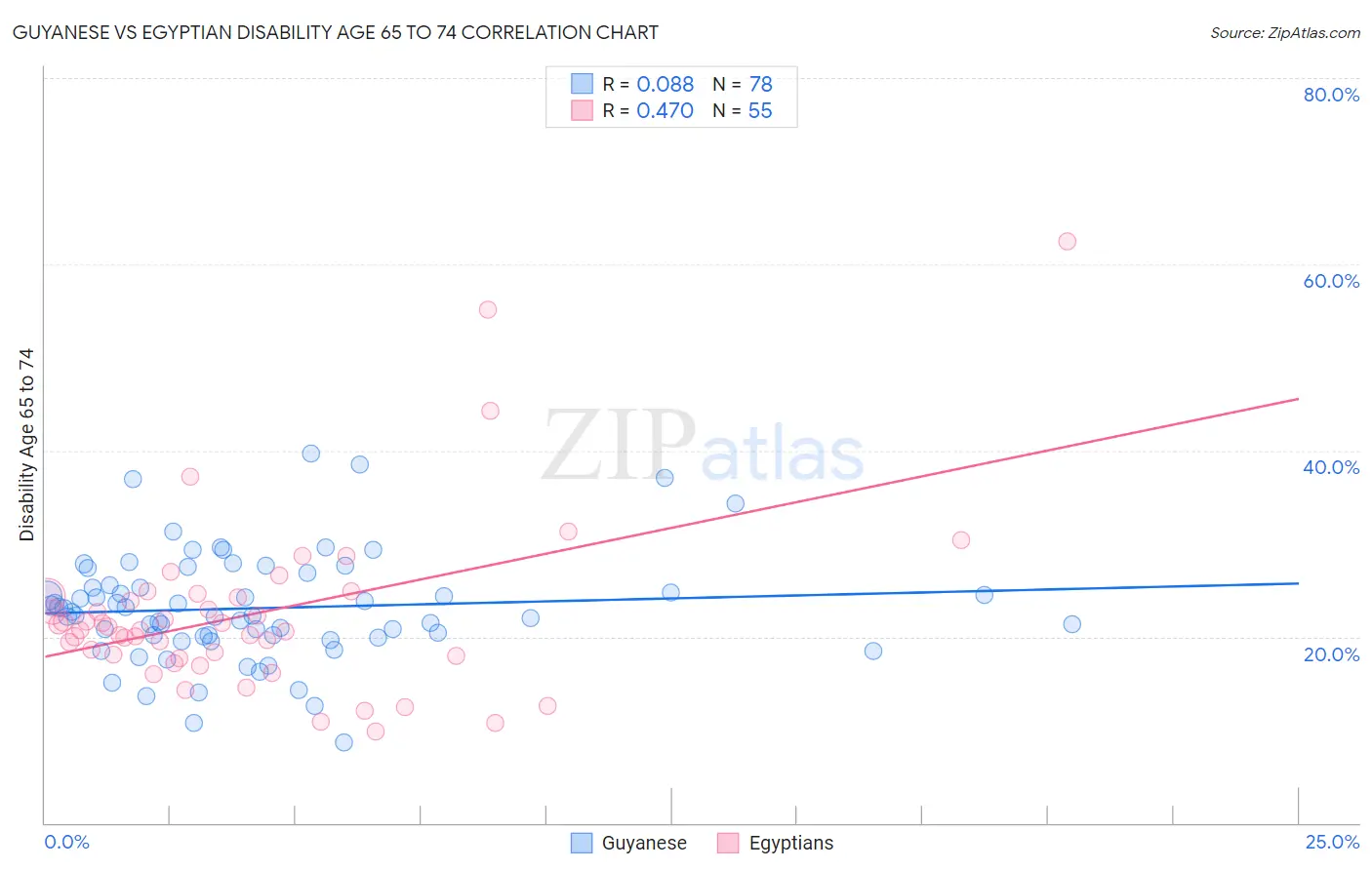Guyanese vs Egyptian Disability Age 65 to 74