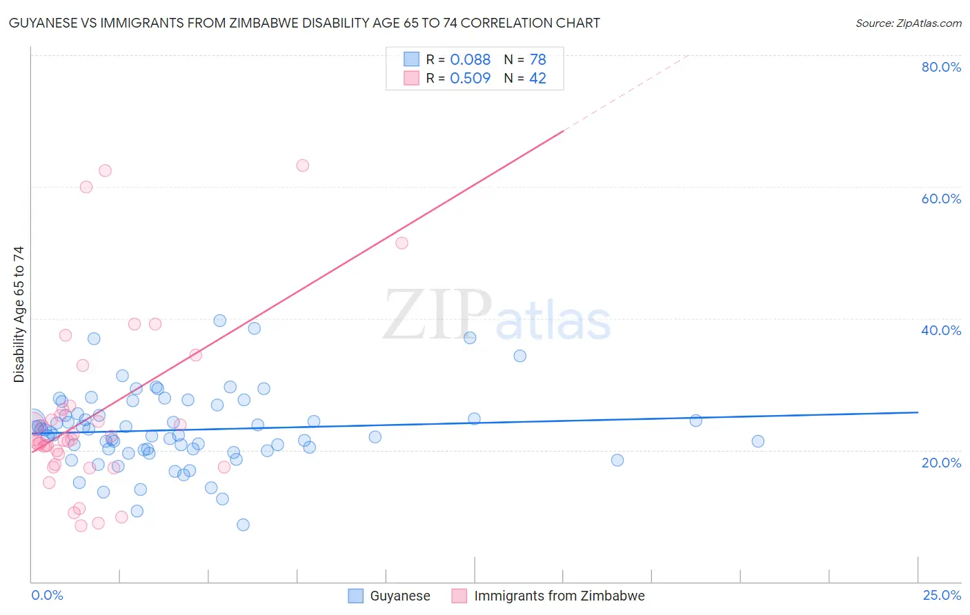 Guyanese vs Immigrants from Zimbabwe Disability Age 65 to 74