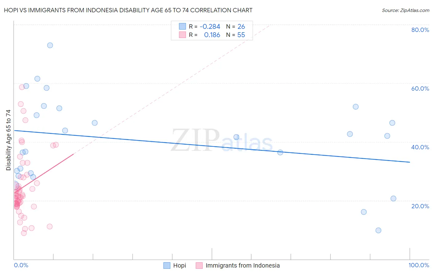 Hopi vs Immigrants from Indonesia Disability Age 65 to 74