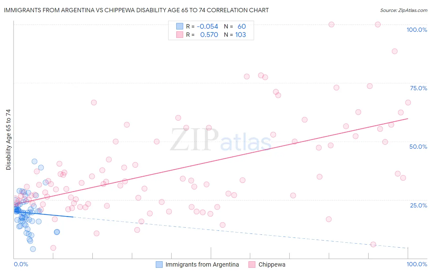 Immigrants from Argentina vs Chippewa Disability Age 65 to 74