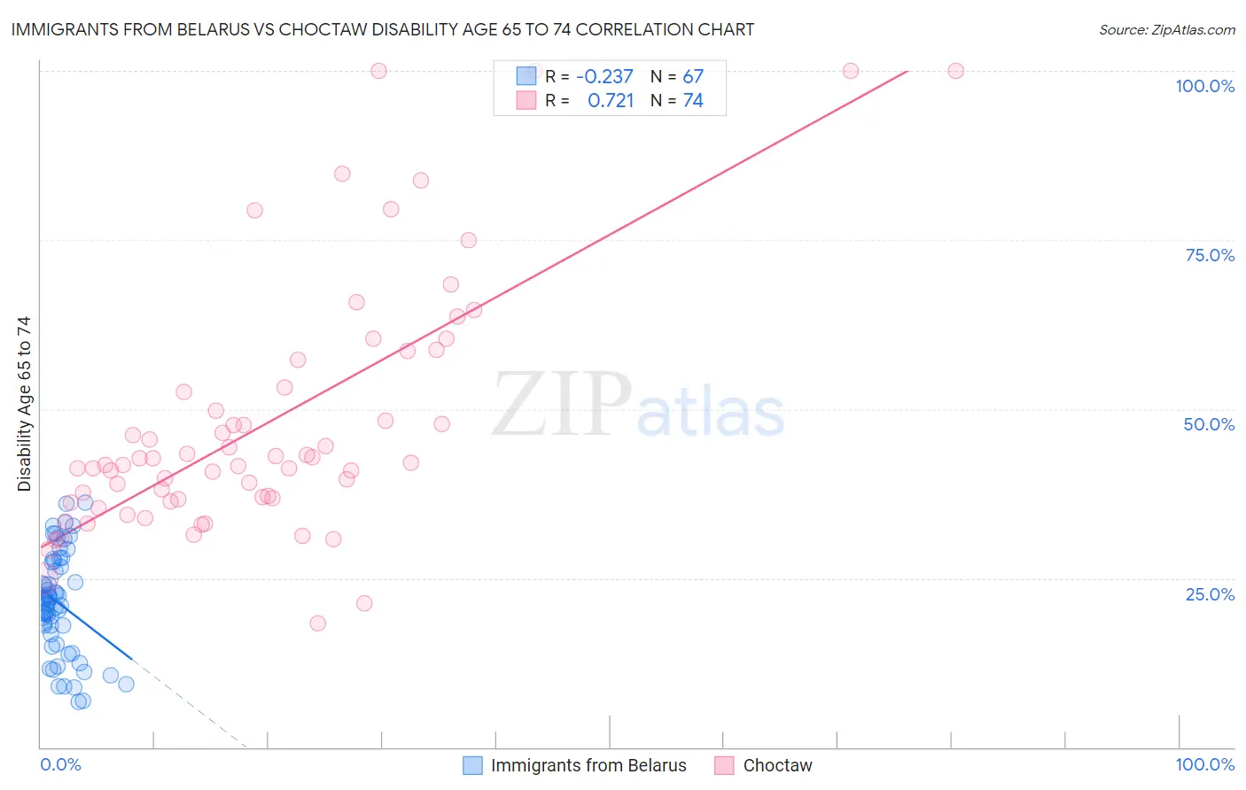 Immigrants from Belarus vs Choctaw Disability Age 65 to 74