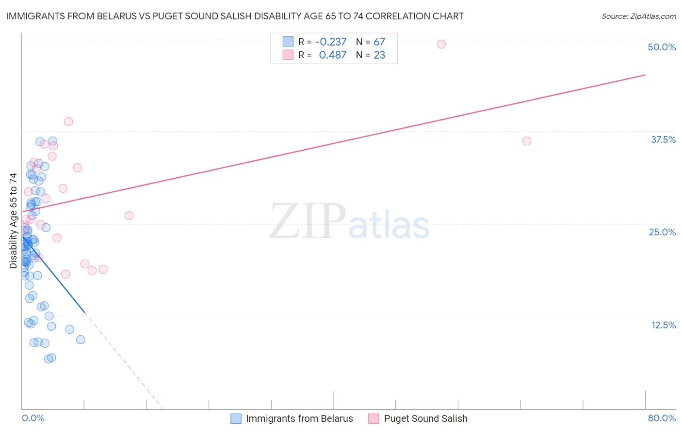 Immigrants from Belarus vs Puget Sound Salish Disability Age 65 to 74