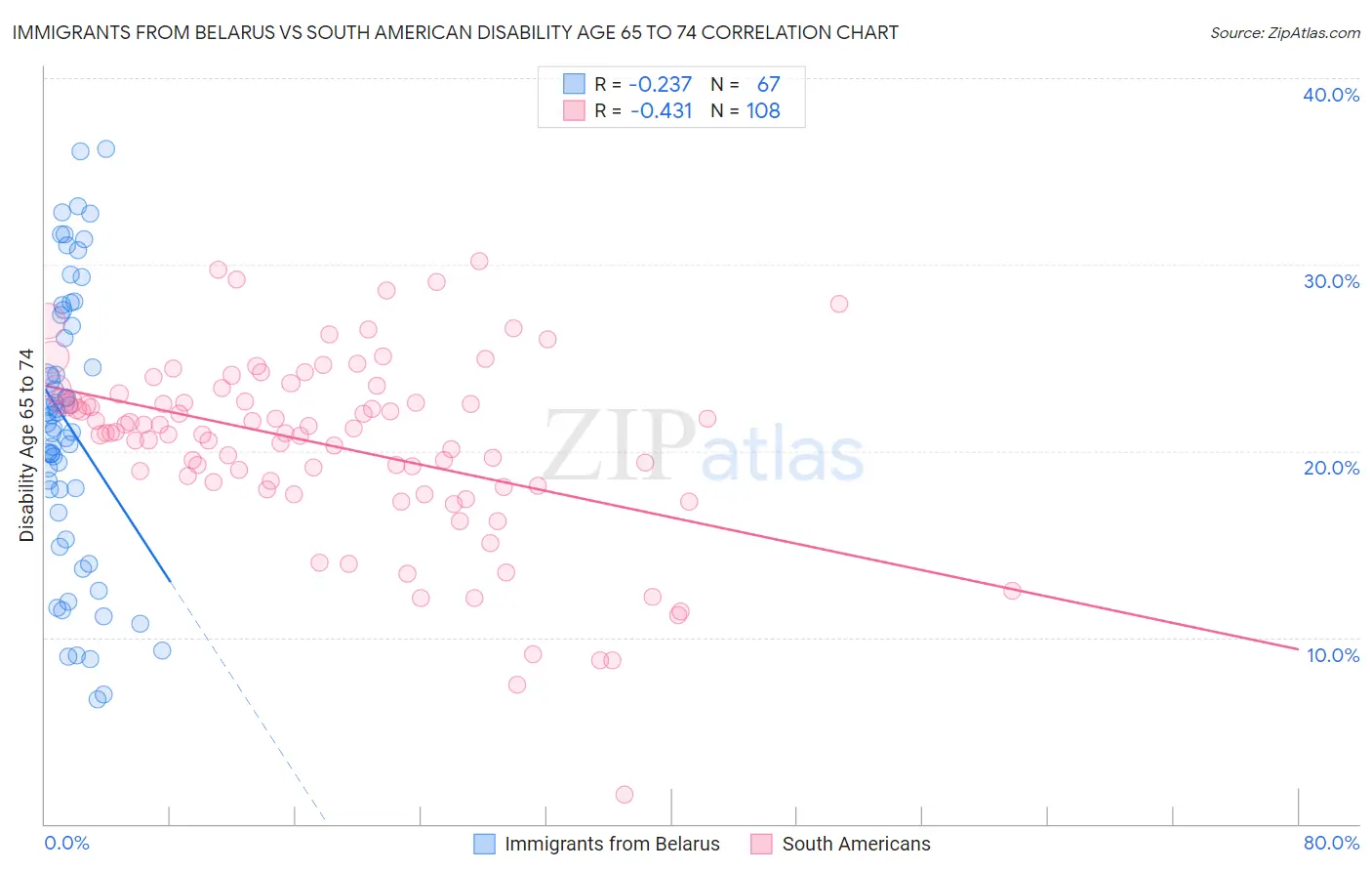 Immigrants from Belarus vs South American Disability Age 65 to 74