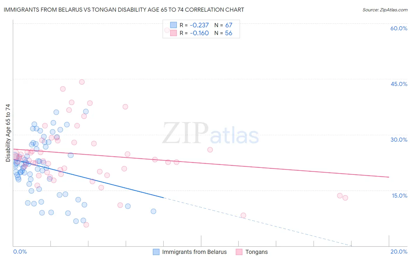 Immigrants from Belarus vs Tongan Disability Age 65 to 74