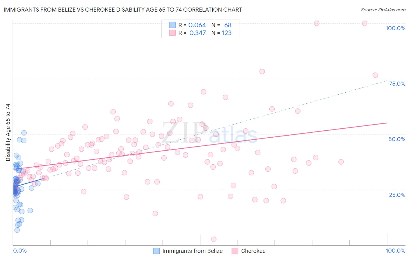 Immigrants from Belize vs Cherokee Disability Age 65 to 74