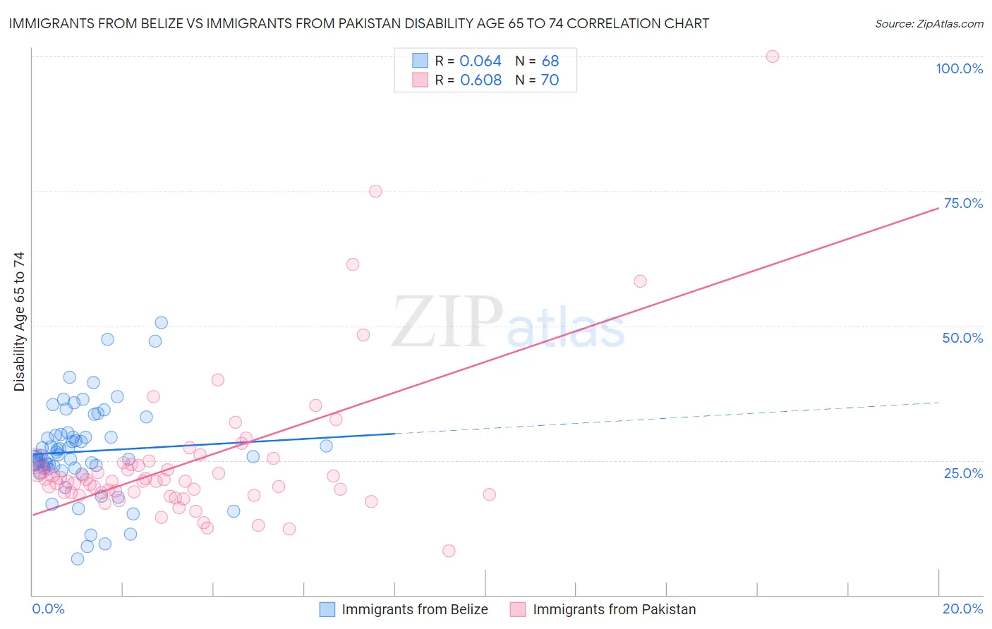 Immigrants from Belize vs Immigrants from Pakistan Disability Age 65 to 74