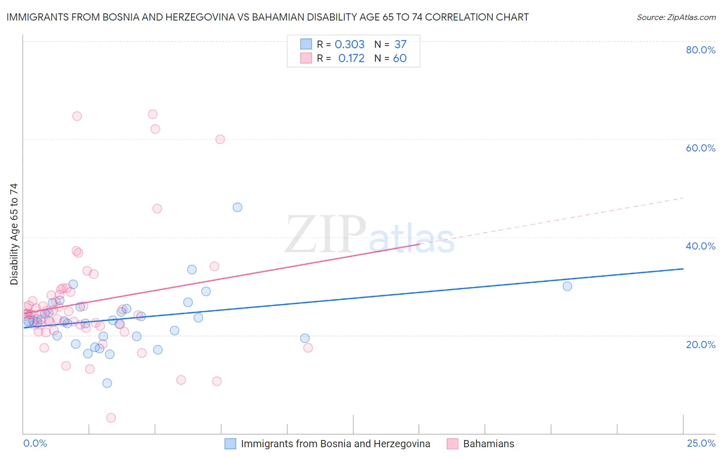 Immigrants from Bosnia and Herzegovina vs Bahamian Disability Age 65 to 74