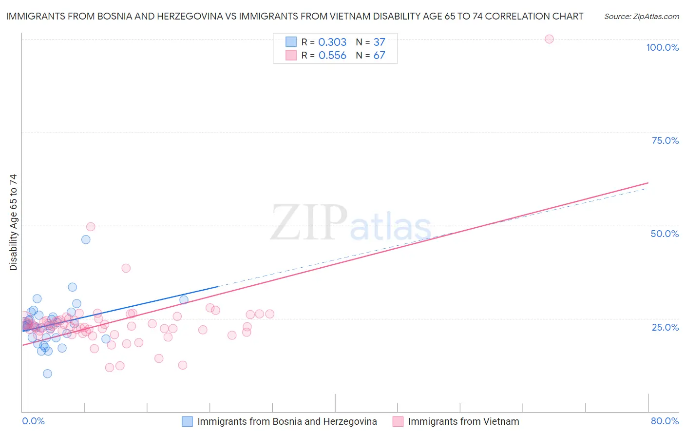 Immigrants from Bosnia and Herzegovina vs Immigrants from Vietnam Disability Age 65 to 74