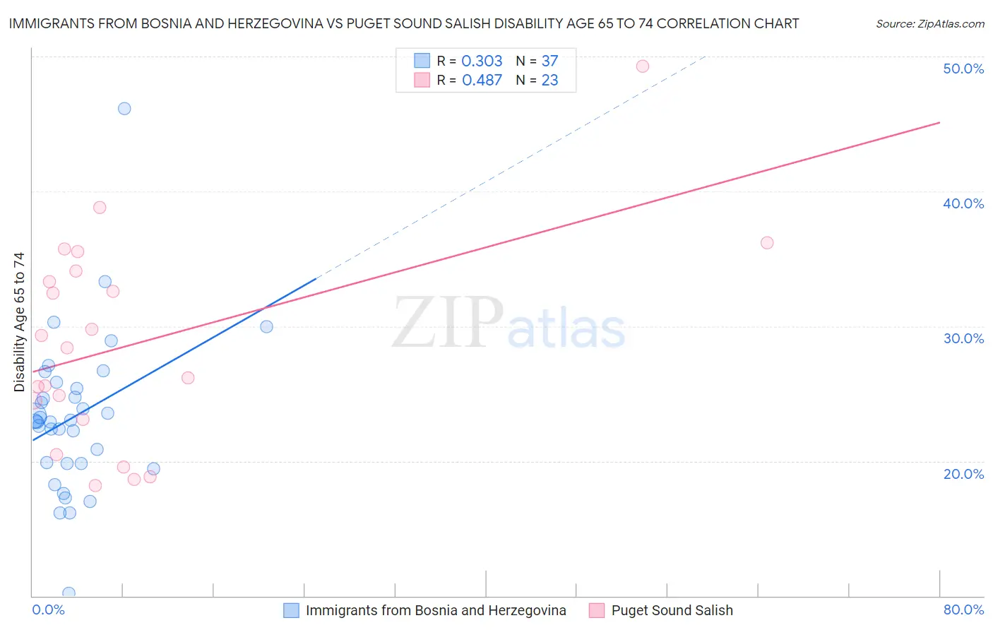Immigrants from Bosnia and Herzegovina vs Puget Sound Salish Disability Age 65 to 74
