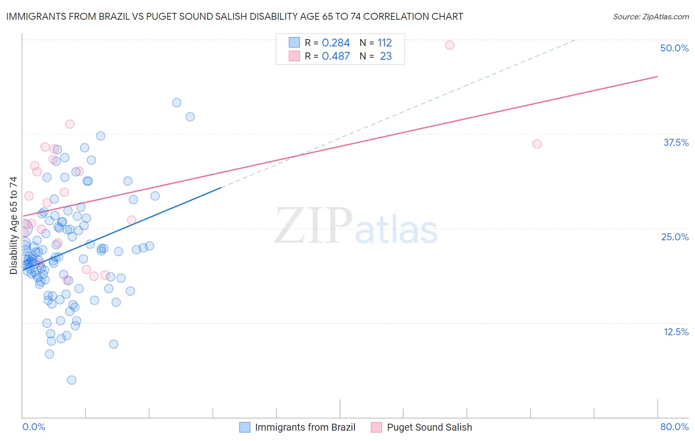 Immigrants from Brazil vs Puget Sound Salish Disability Age 65 to 74