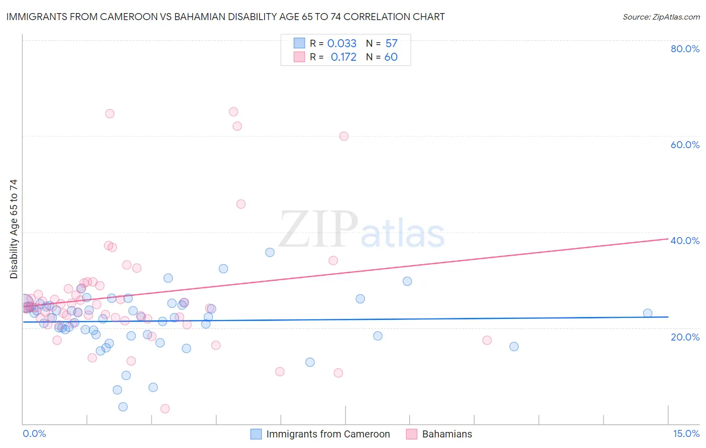 Immigrants from Cameroon vs Bahamian Disability Age 65 to 74