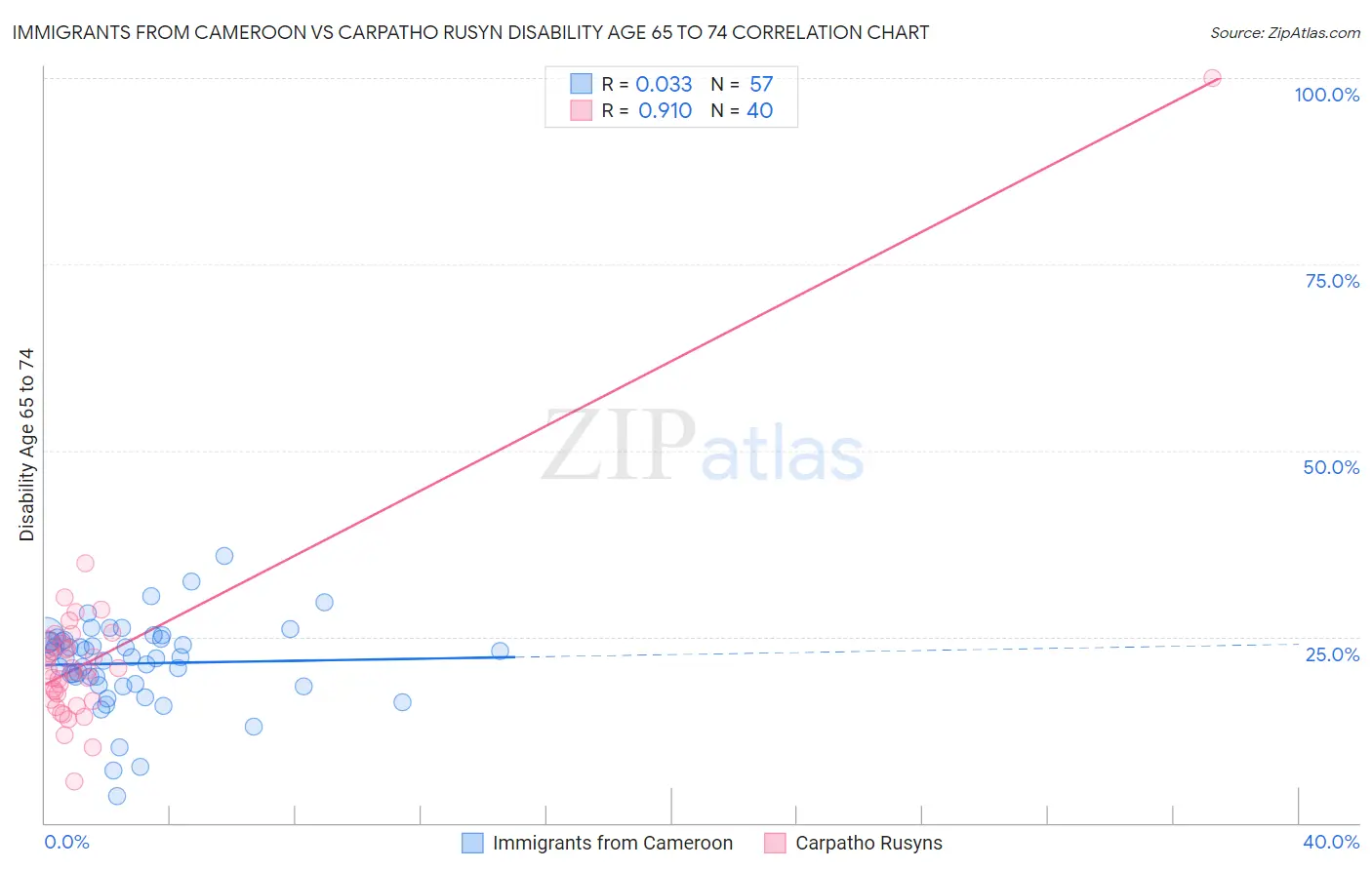 Immigrants from Cameroon vs Carpatho Rusyn Disability Age 65 to 74