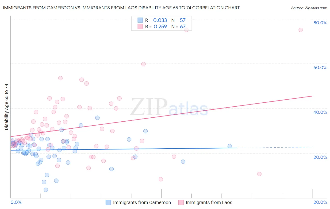 Immigrants from Cameroon vs Immigrants from Laos Disability Age 65 to 74
