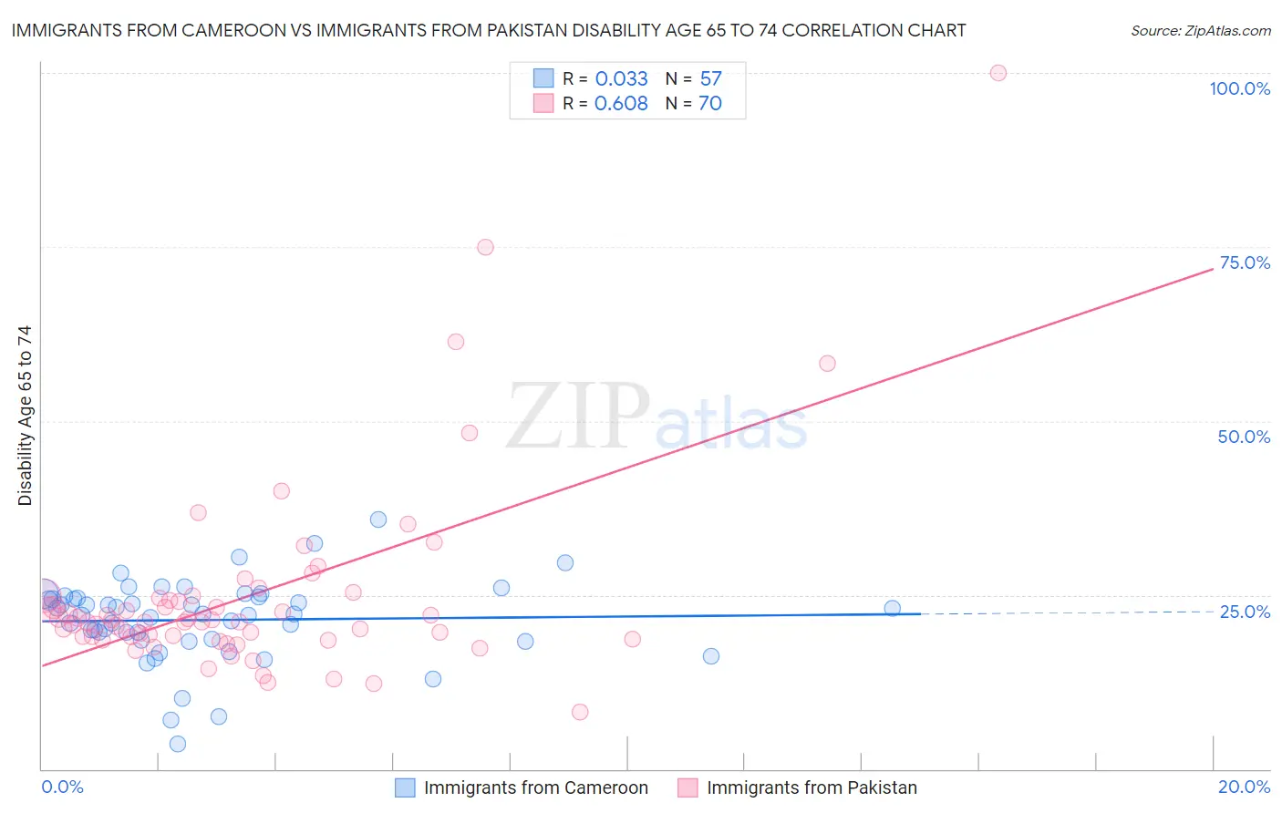Immigrants from Cameroon vs Immigrants from Pakistan Disability Age 65 to 74