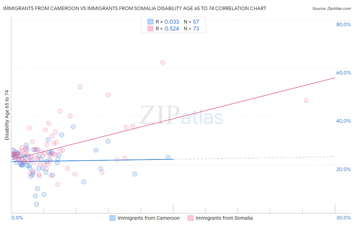 Immigrants from Cameroon vs Immigrants from Somalia Disability Age 65 to 74