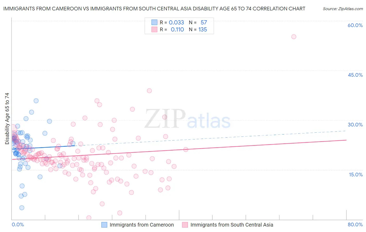 Immigrants from Cameroon vs Immigrants from South Central Asia Disability Age 65 to 74