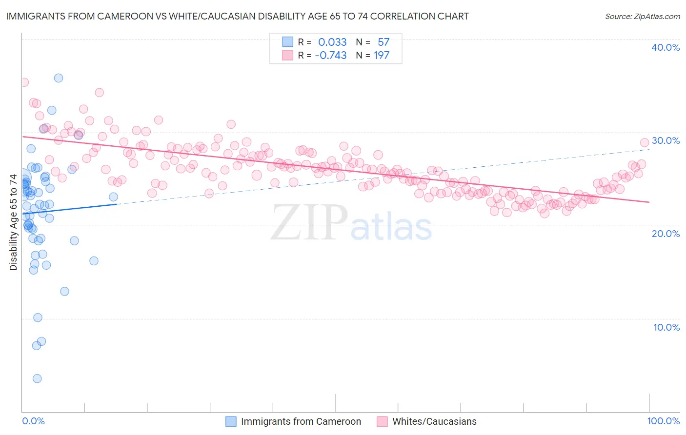 Immigrants from Cameroon vs White/Caucasian Disability Age 65 to 74