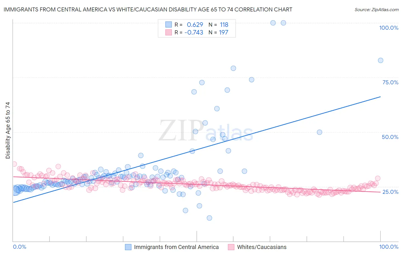 Immigrants from Central America vs White/Caucasian Disability Age 65 to 74