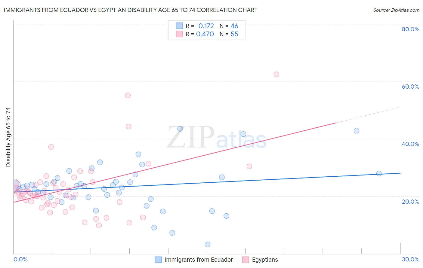 Immigrants from Ecuador vs Egyptian Disability Age 65 to 74