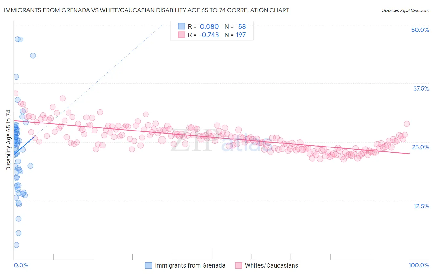 Immigrants from Grenada vs White/Caucasian Disability Age 65 to 74