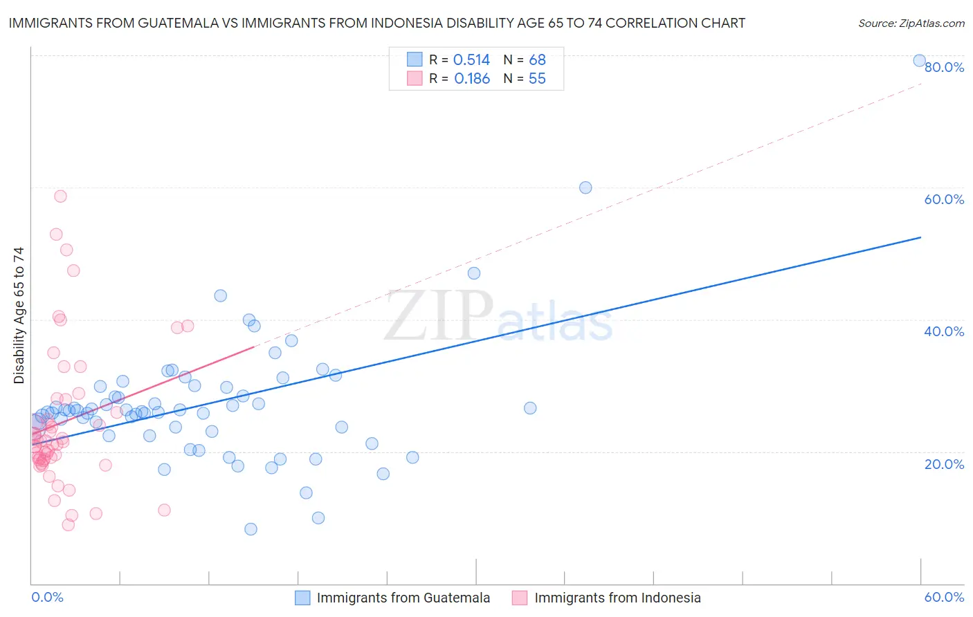 Immigrants from Guatemala vs Immigrants from Indonesia Disability Age 65 to 74