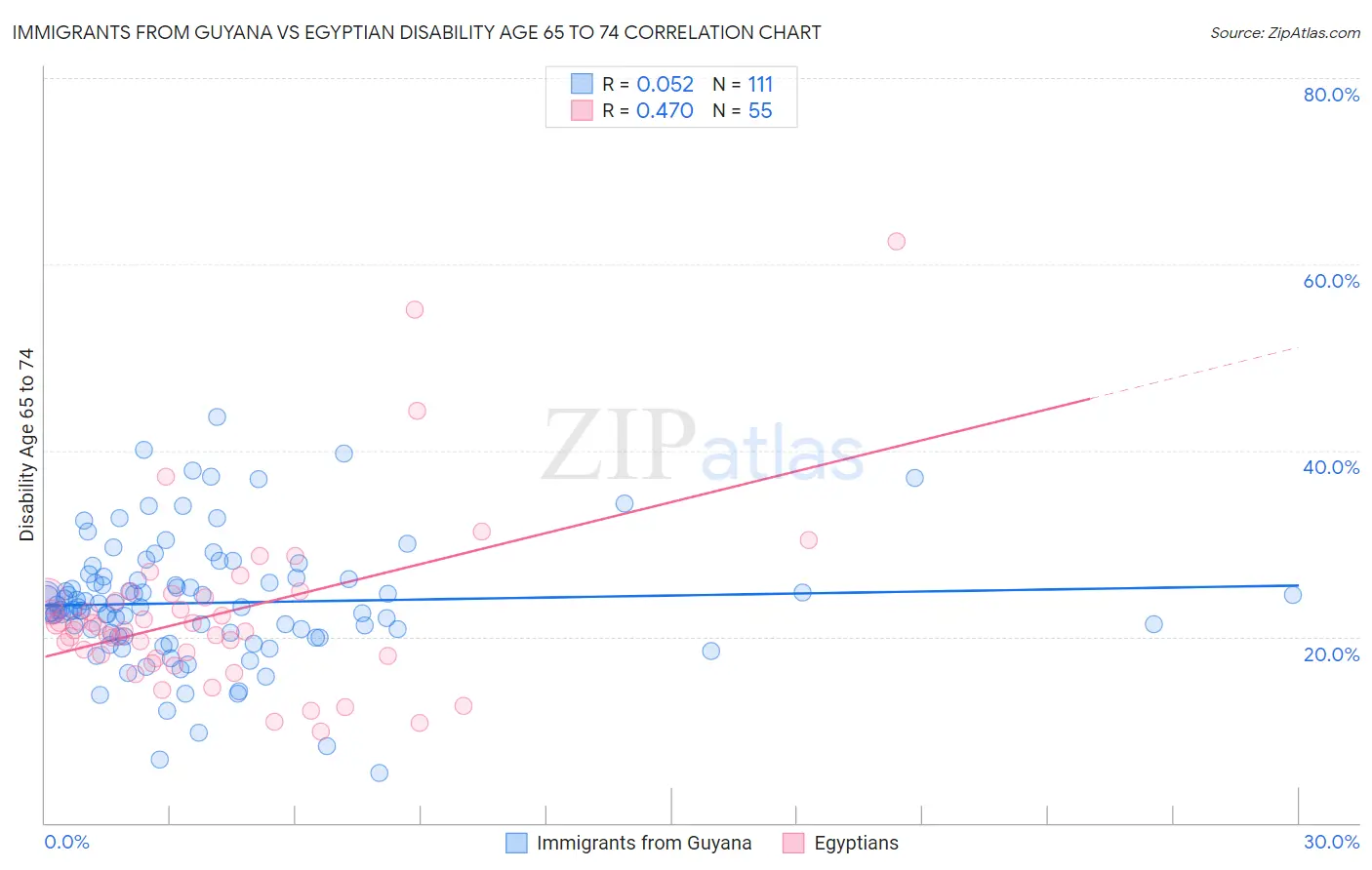 Immigrants from Guyana vs Egyptian Disability Age 65 to 74