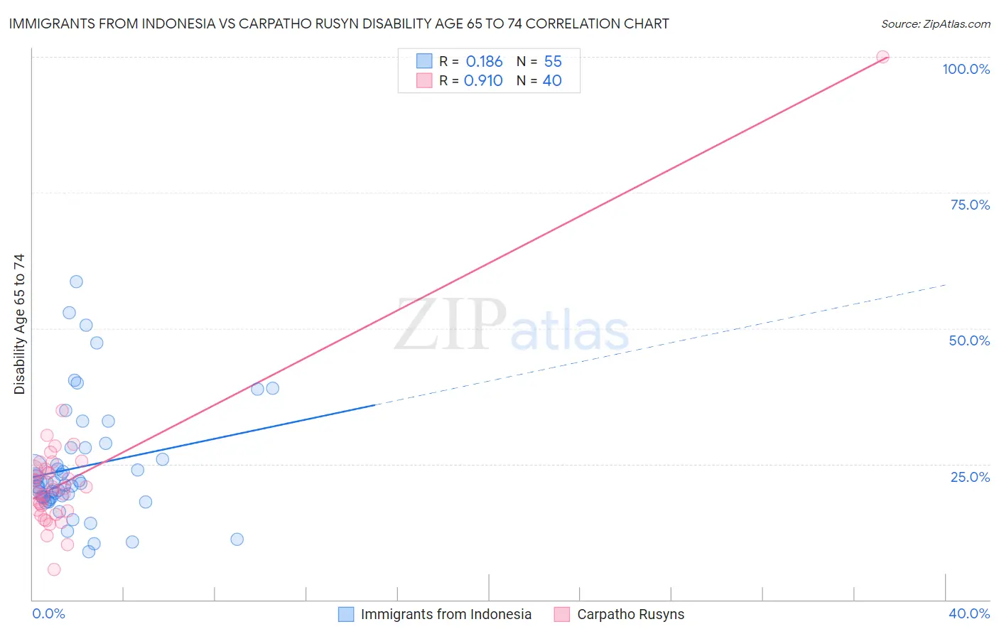 Immigrants from Indonesia vs Carpatho Rusyn Disability Age 65 to 74